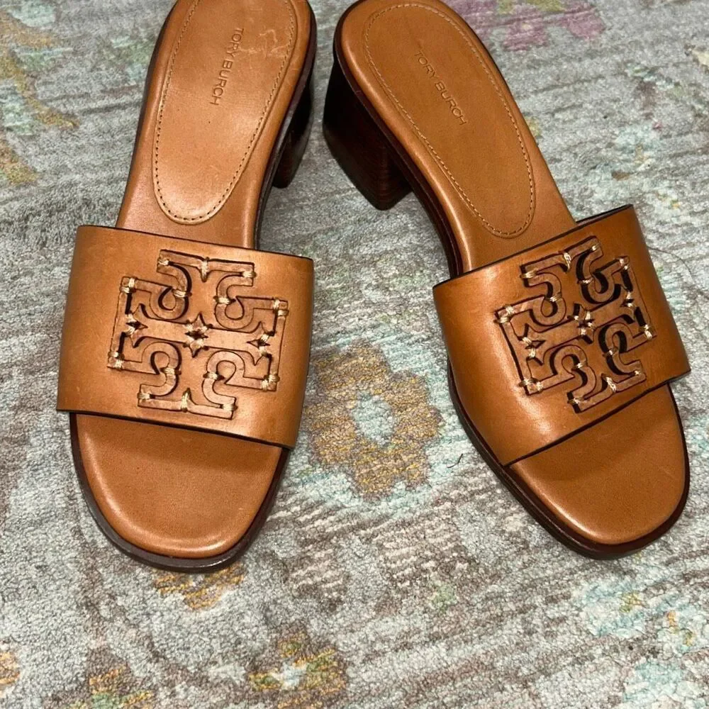 Tory Burch Ines Block-Heel Mules in Elba Camel sz 9.5